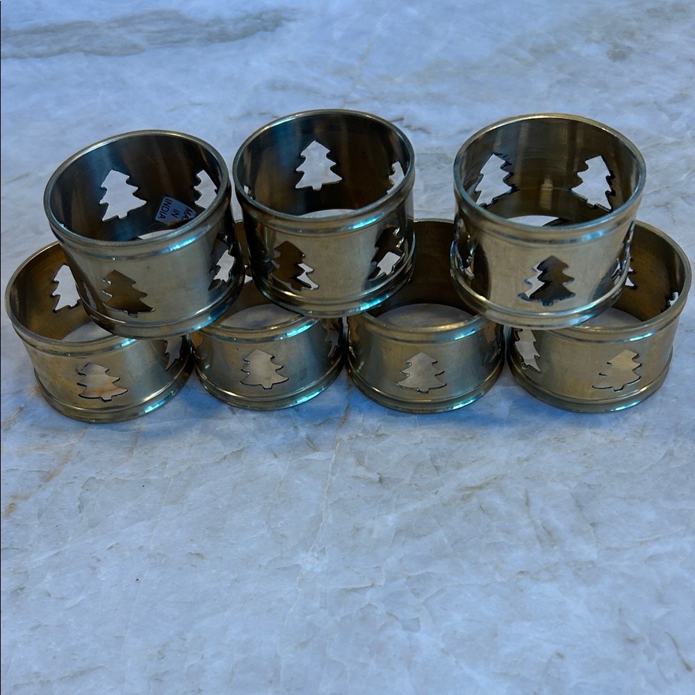 Vintage Solid Brass Christmas Tree Napkin Rings – Set of 7 – Holiday Table Decor